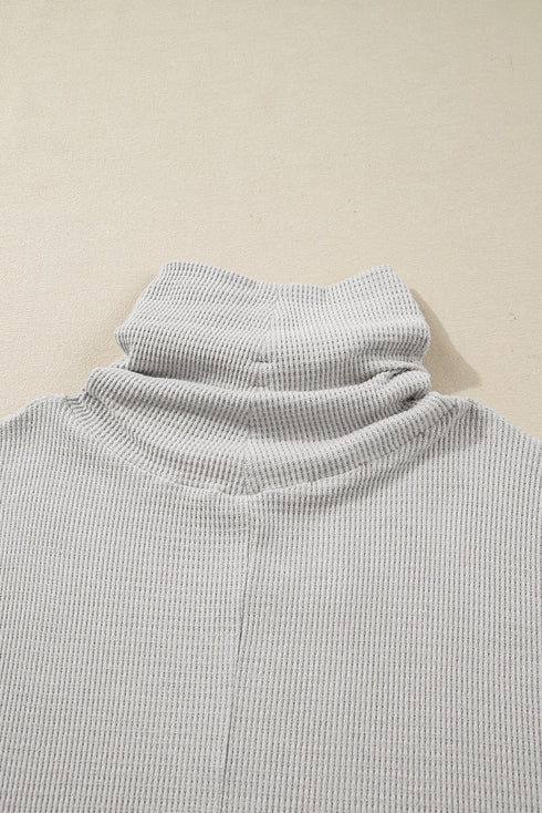 Textured Knit Drawstring Cowl Neck Oversize Slit Hem Top